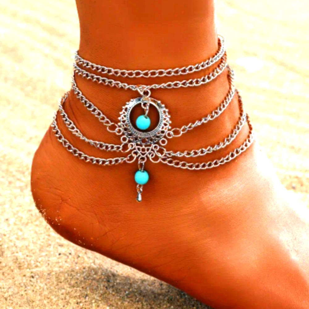 New & Unique Silver Anklet Multi-layer with Turquoise Beads